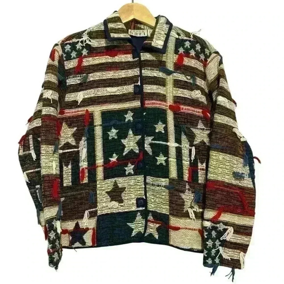 KEREN Hart vintage tapestry patriotic America red white blue button jacket small - Picture 1 of 11